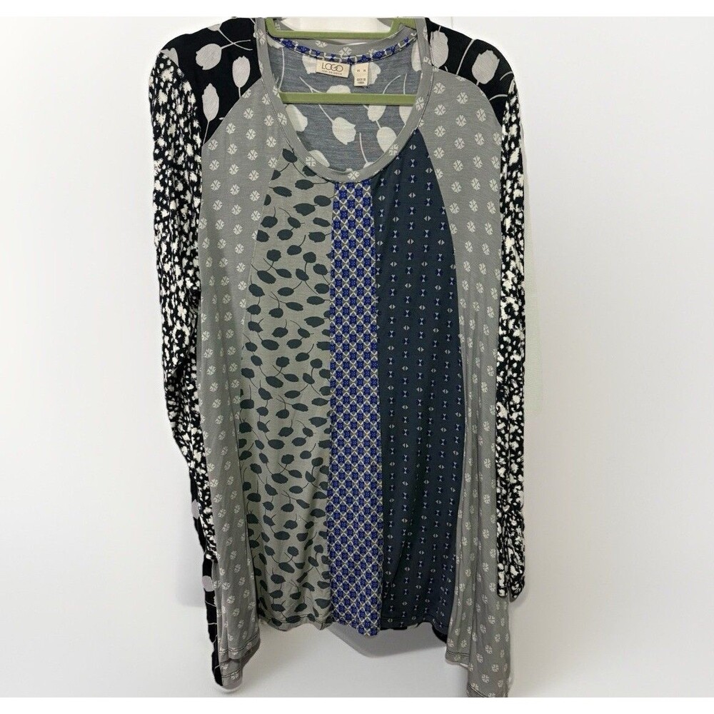 LOGO Lori Goldstein Shirt Womens XL Blue Gray Mix Print Floral Tunic Top Pockets